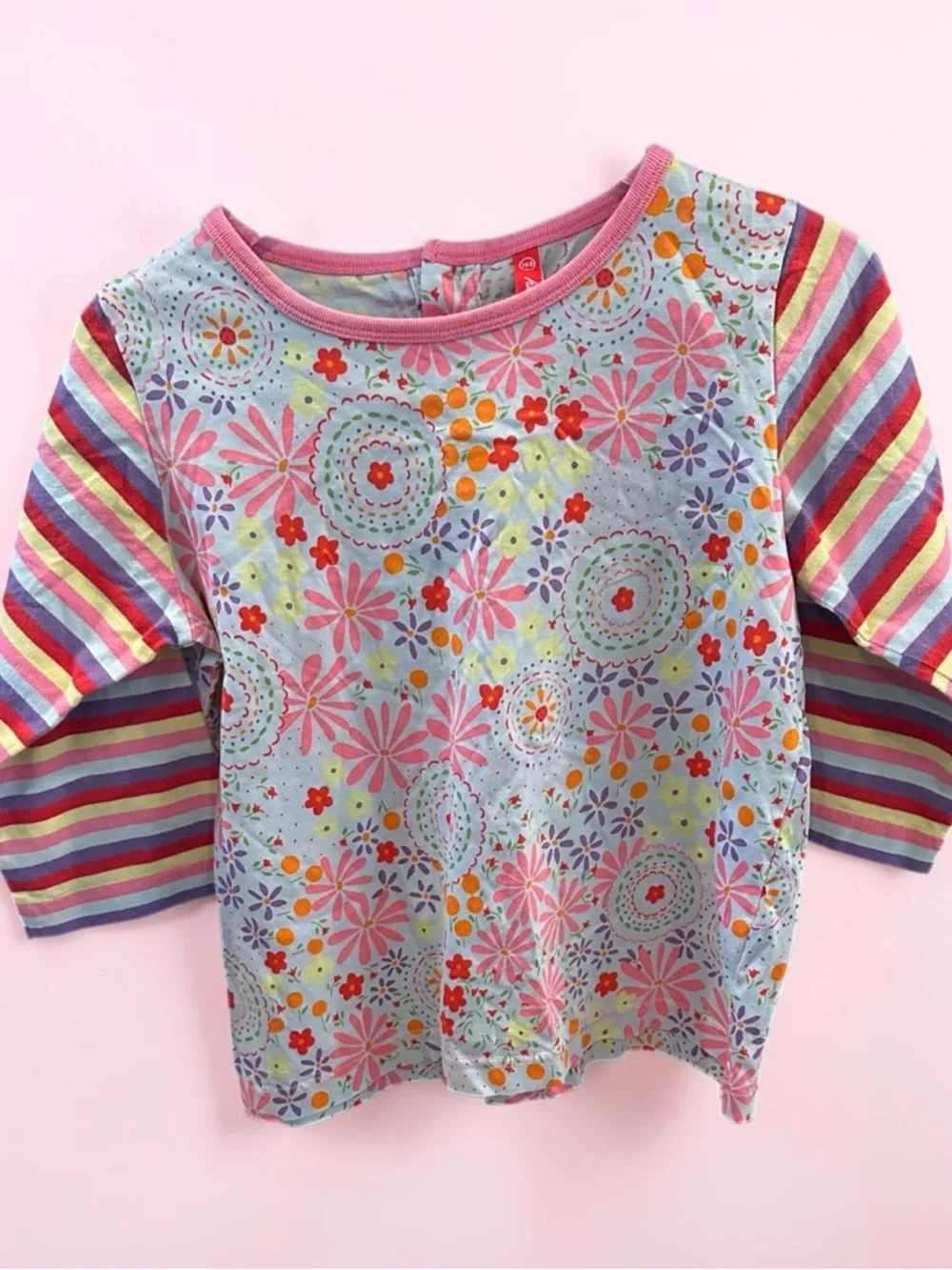 Hanna Anderson Girl’s Floral Top with Striped Sleeves Sz 140 (10 us size)